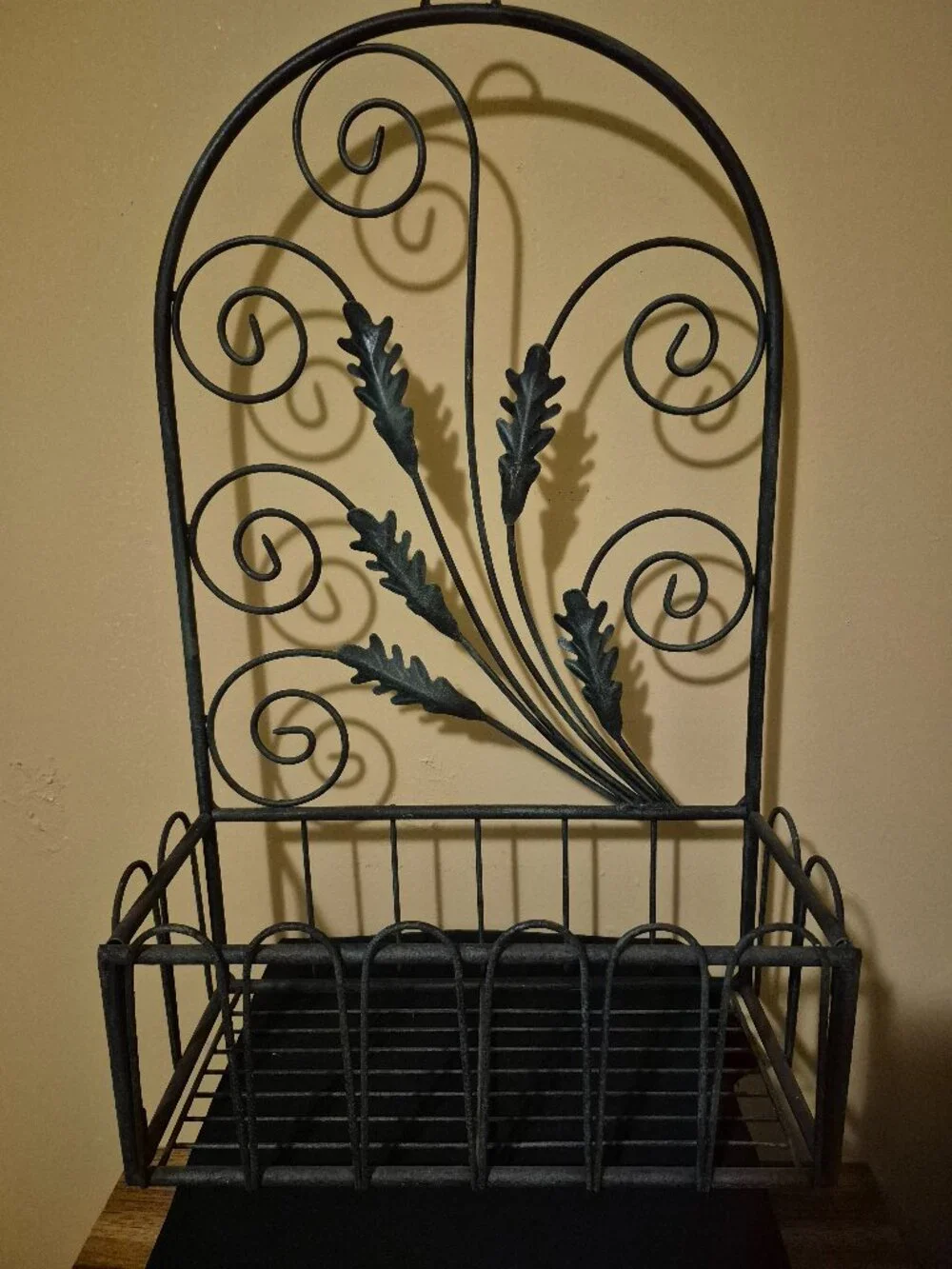 VINTAGE DARK GREEN WROUGHT IRON WALL-MOUNTED STORAGE BASKET